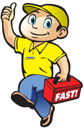 Friendly cartoon technician in a yellow uniform and cap gives a thumbs up while carrying a red FAST toolbox, signaling fast service.