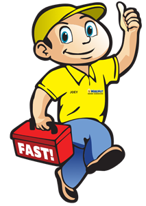 Cartoon handyman in a yellow uniform gives a thumbs-up while carrying a red toolbox labeled FAST!, signaling fast service.