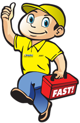 Cartoon handyman in a yellow uniform and cap giving a thumbs up while carrying a red toolbox labeled FAST.
